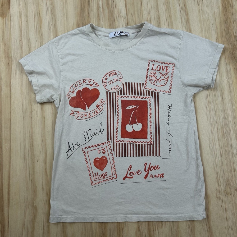 LET LUV Anthropologie Women's T Shirt Beige Small Cherries Stamp Graphic FLAW